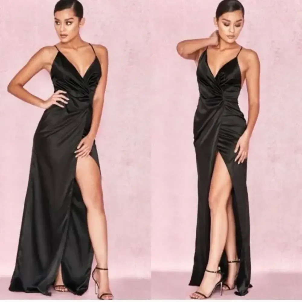 House of CB Black Satin Fairuz Maxi Slip Dress XS - Picture 2 of 6
